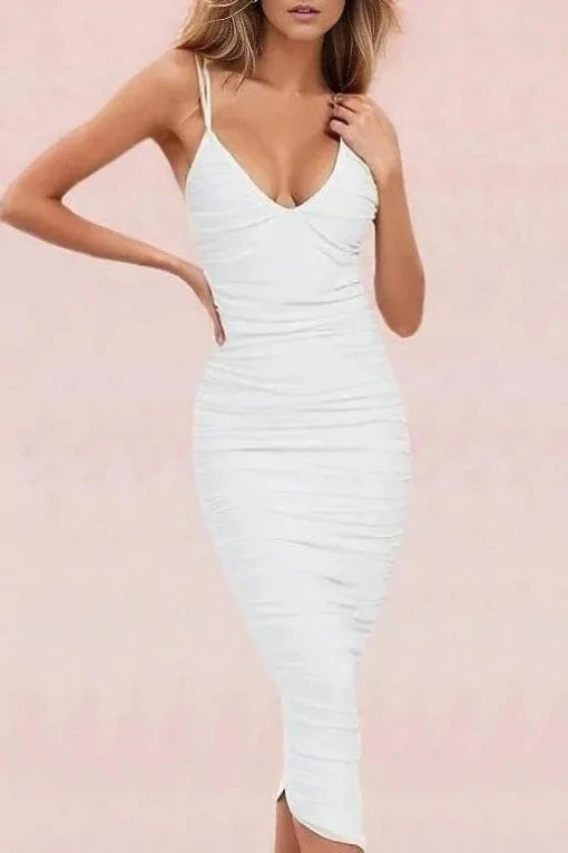 Woman wearing a figure flattering  Adele Bodycon Wrap Midi Dress - Pearl White BODYCON COLLECTION