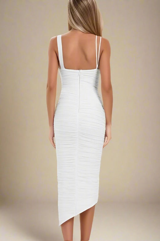 Woman wearing a figure flattering  Adele Bodycon Wrap Midi Dress - Pearl White BODYCON COLLECTION