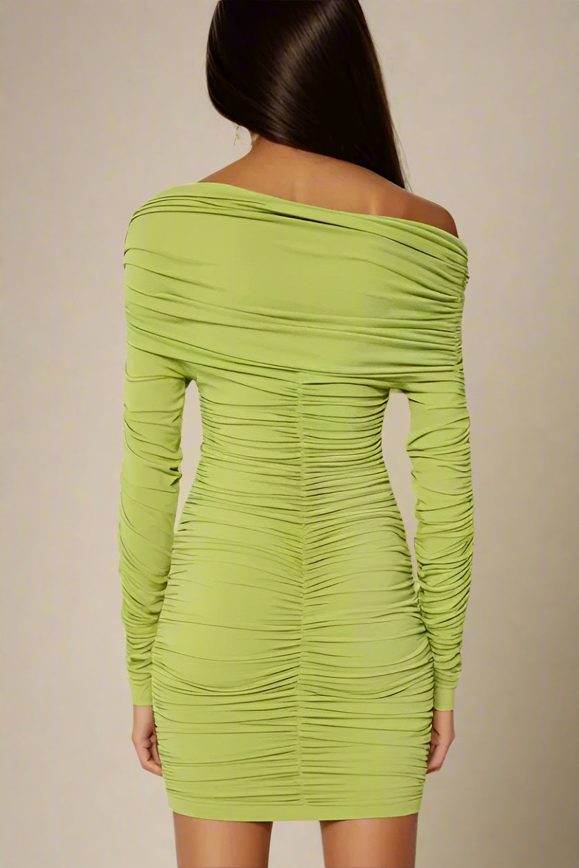 Woman wearing a figure flattering  Alessandra Long Sleeve Wrap Bodycon Mini Dress - Pickle Green BODYCON COLLECTION