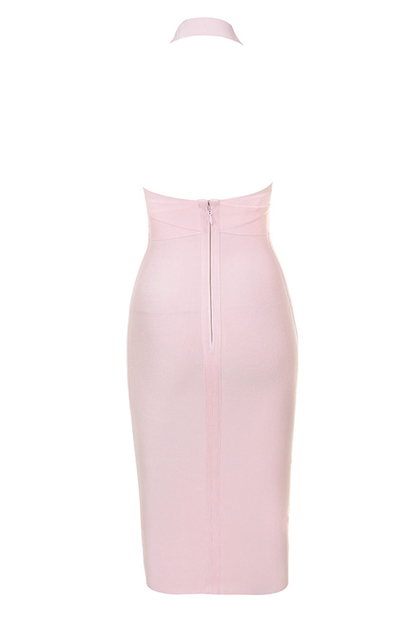 Woman wearing a figure flattering  Ali Bandage Midi Dress - Baby Pink Bodycon Collection