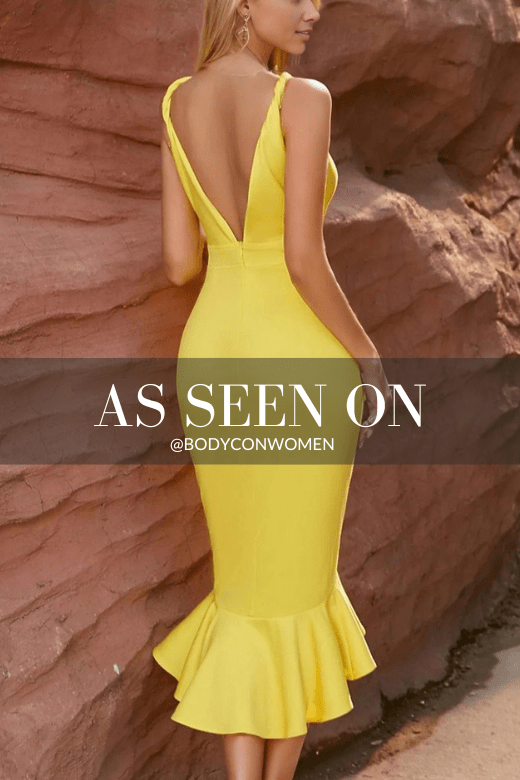 Woman wearing a figure flattering  Alia Bodycon Dress - Sun Yellow BODYCON COLLECTION