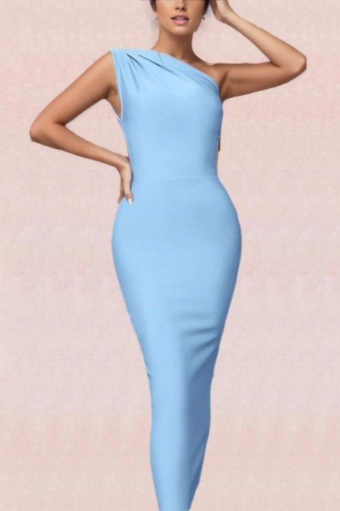 Woman wearing a figure flattering  Ally Bodycon Midi Dress - Baby Blue Bodycon Collection