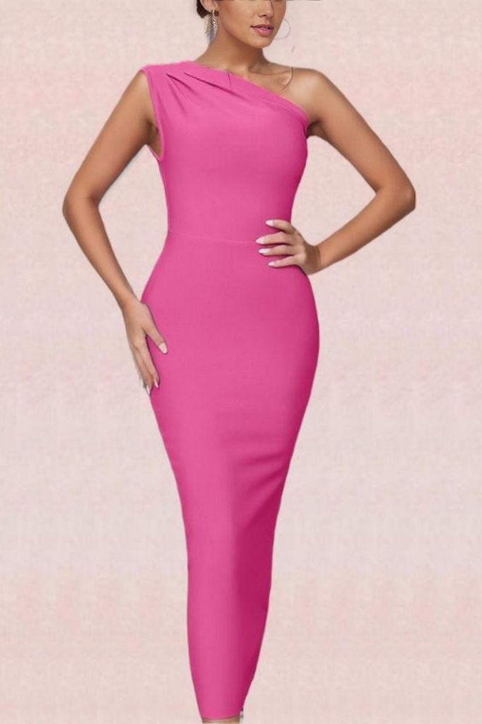 Woman wearing a figure flattering  Ally Bodycon Midi Dress - Hot Pink Bodycon Collection