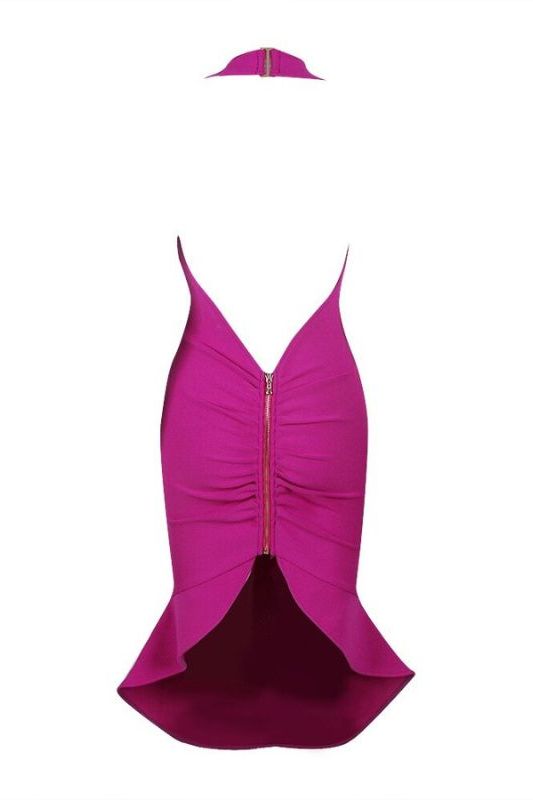 Woman wearing a figure flattering  Ama Bodycon Backless Dress - Neon Purple BODYCON COLLECTION