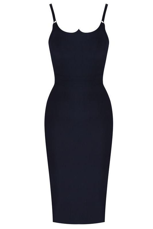 Woman wearing a figure flattering  Amber Bandage Dress - Classic Black Bodycon Collection