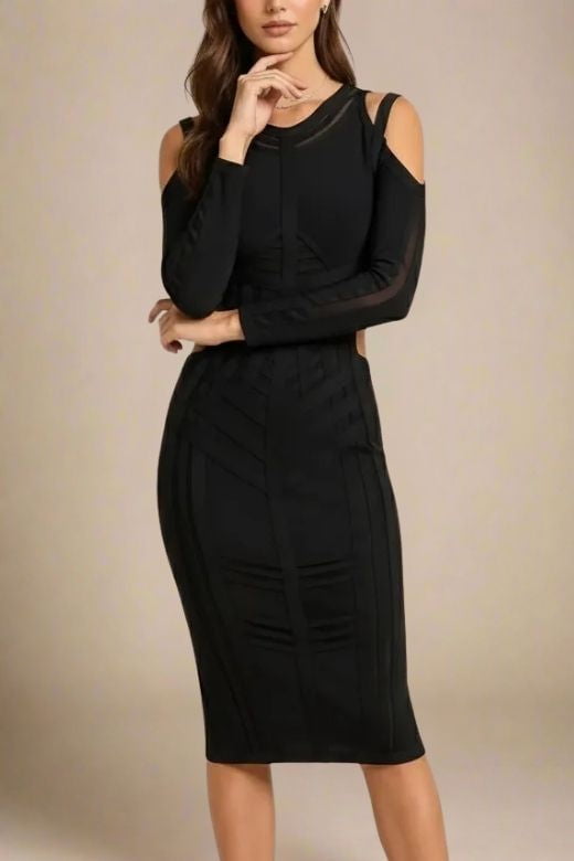 Woman wearing a figure flattering  Amelia Long Sleeve Bandage Dress - Classic Black BODYCON COLLECTION