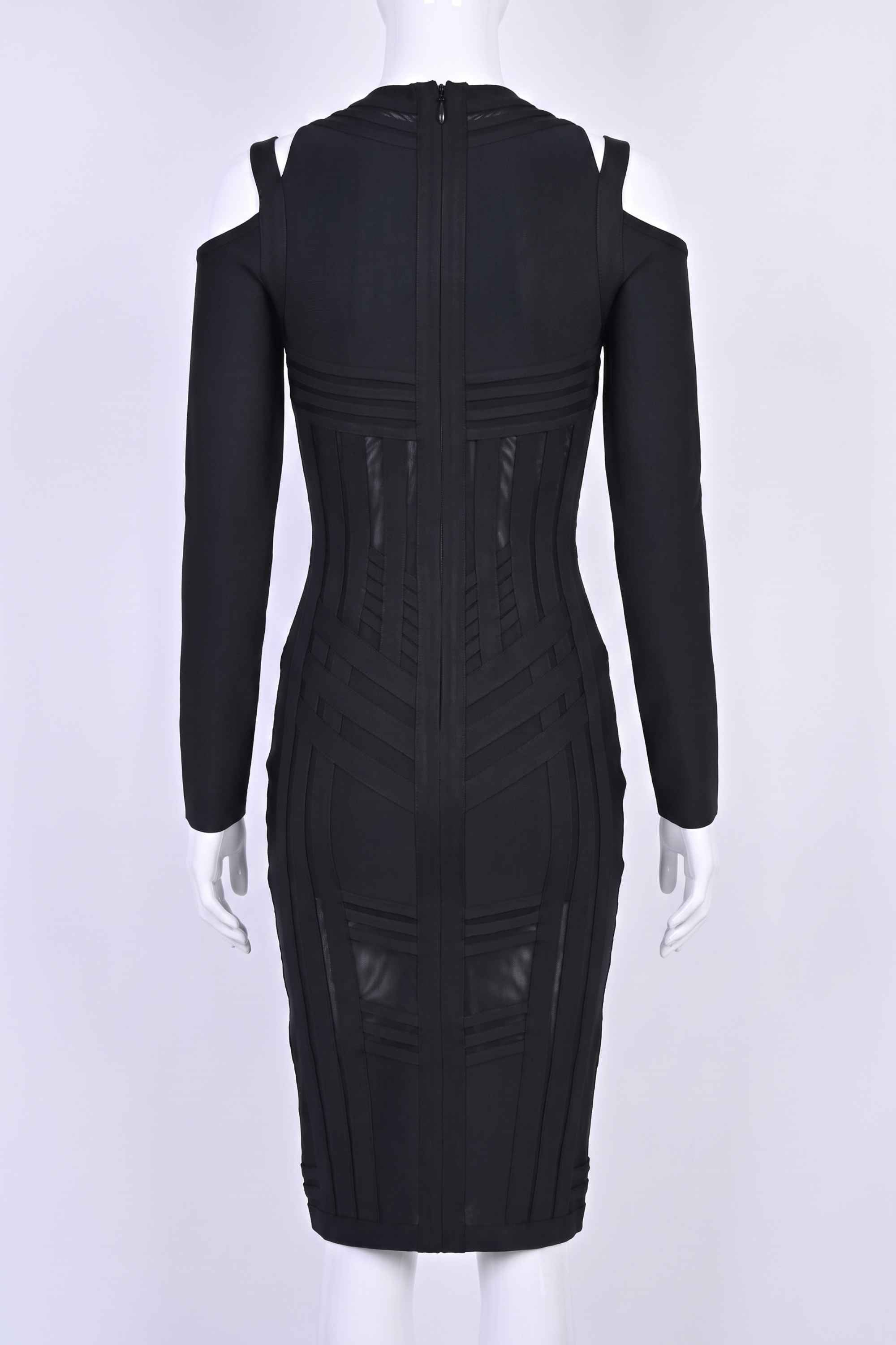 Woman wearing a figure flattering  Amelia Long Sleeve Bandage Dress - Classic Black BODYCON COLLECTION