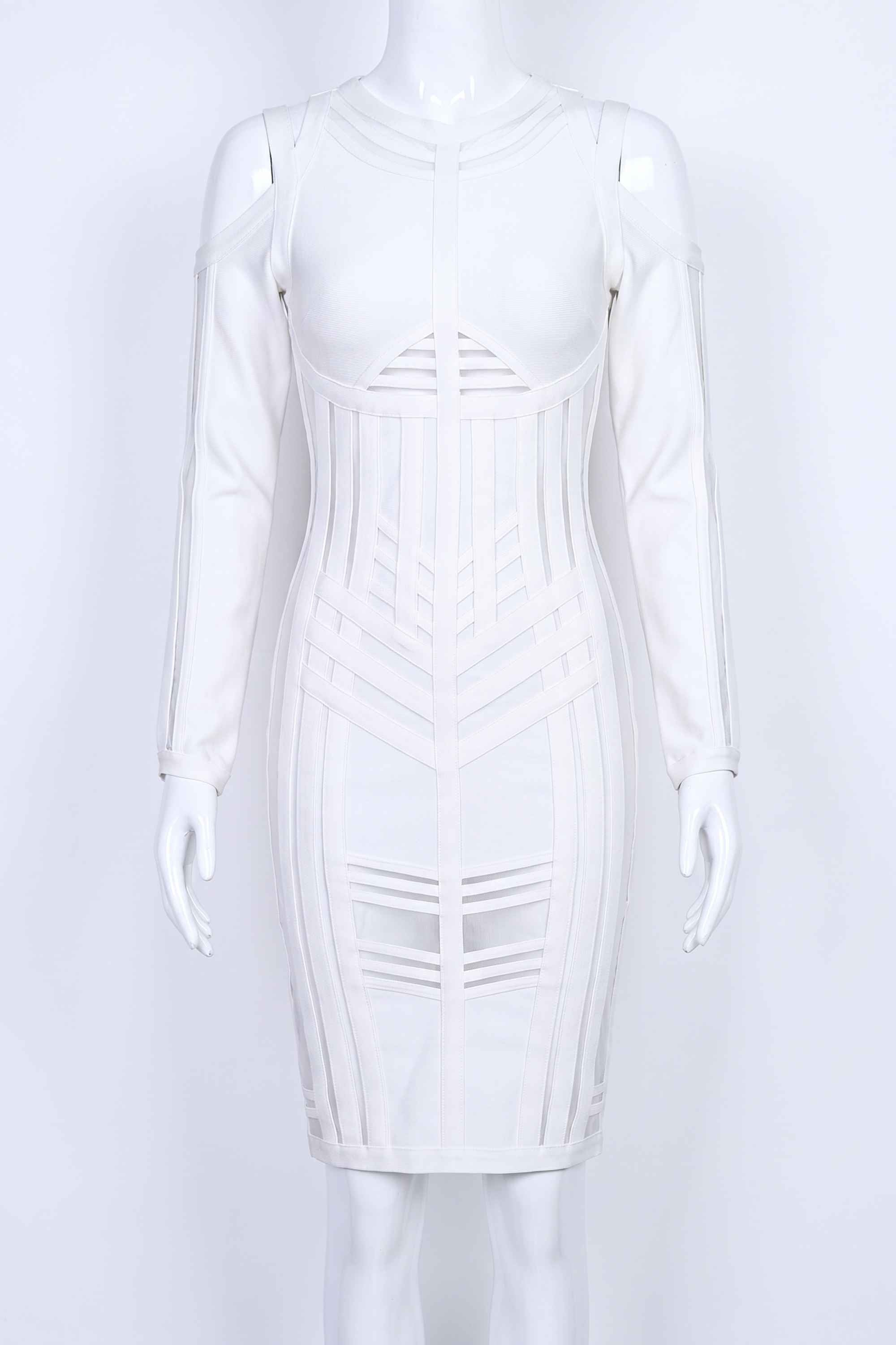 Woman wearing a figure flattering  Amelia Long Sleeve Bandage Dress - Pearl White BODYCON COLLECTION
