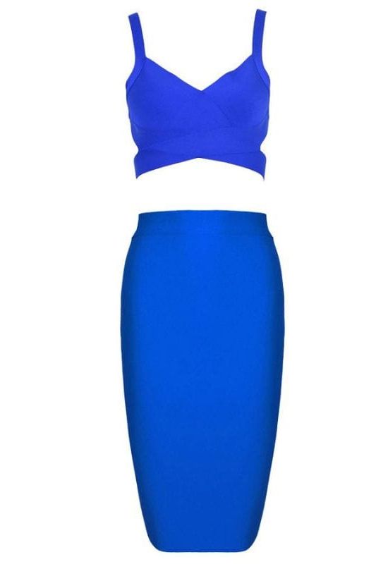 Woman wearing a figure flattering  Ang Bandage Top and Knee Length Skirt Set- Royal Blue BODYCON COLLECTION