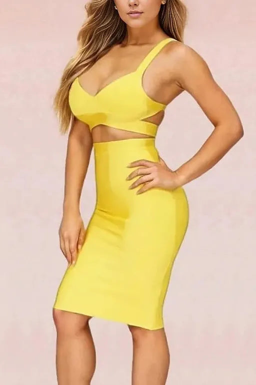 Woman wearing a figure flattering  Ang Bandage Top and Knee Length Skirt Set - Sun Yellow BODYCON COLLECTION
