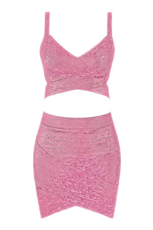 Woman wearing a figure flattering  Ang Bandage Top and Mini Skirt Set - Metallic Pink BODYCON COLLECTION