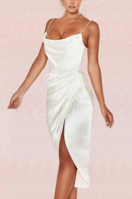 Woman wearing a figure flattering  Angela Bodycon Dress - Pearl White BODYCON COLLECTION