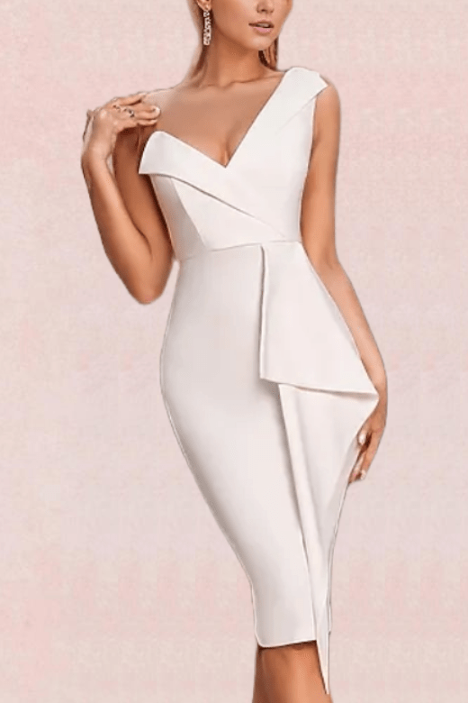 Woman wearing a figure flattering  Apate Bodycon Midi Dress - Pearl White BODYCON COLLECTION