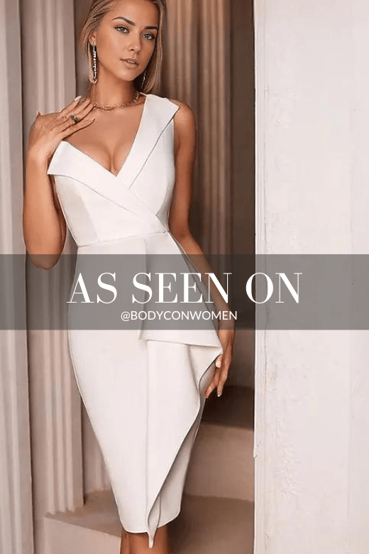 Woman wearing a figure flattering  Apate Bodycon Midi Dress - Pearl White BODYCON COLLECTION