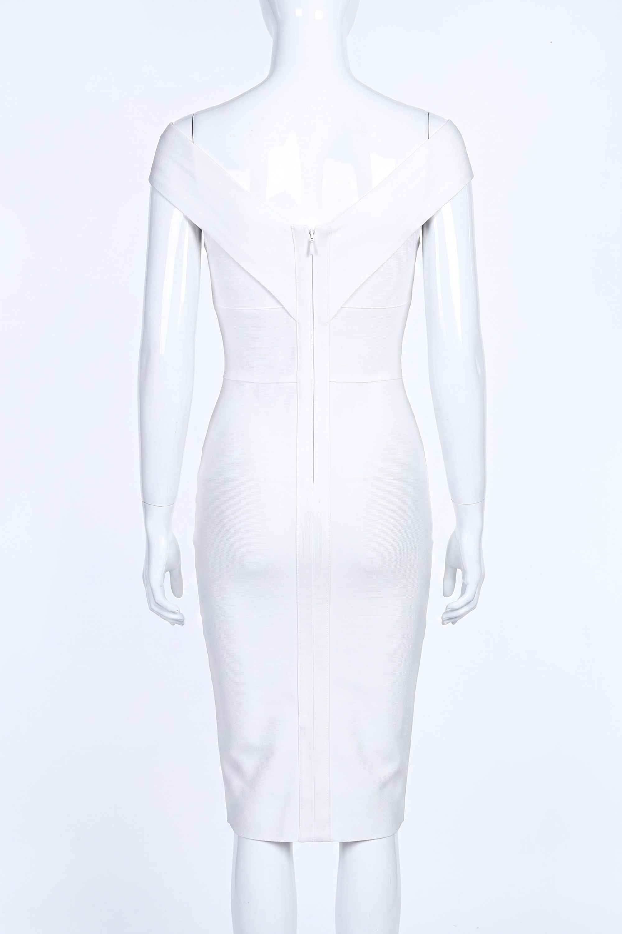 Woman wearing a figure flattering  Ash Bandage Dress - Pearl White Bodycon Collection