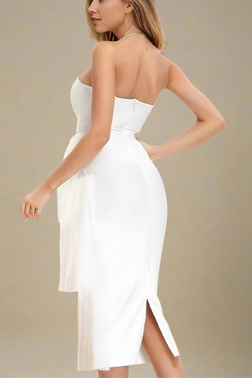 Woman wearing a figure flattering  Ashleigh Bandage Midi Dress - Pearl White BODYCON COLLECTION