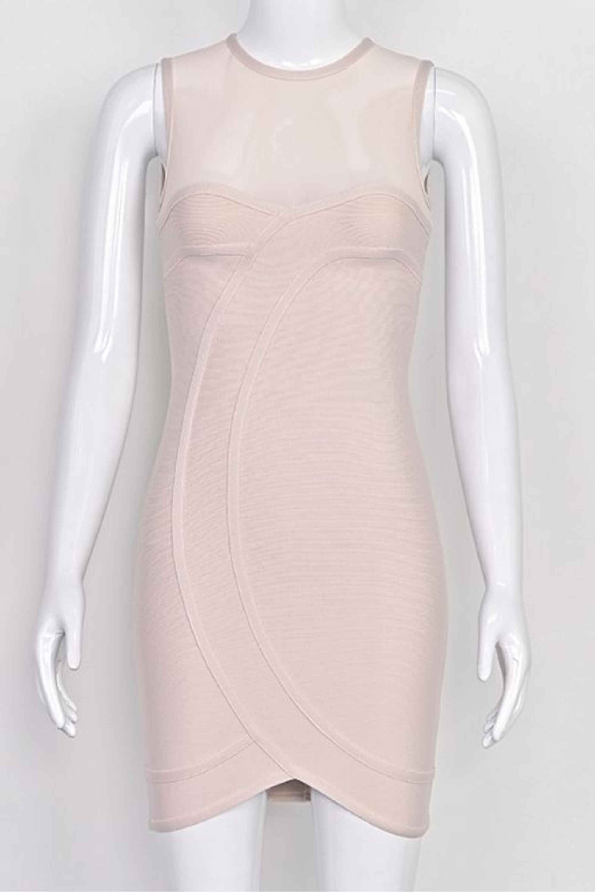 Woman wearing a figure flattering  Aspen Bodycon Mini Dress - Nude BODYCON COLLECTION Pty Ltd