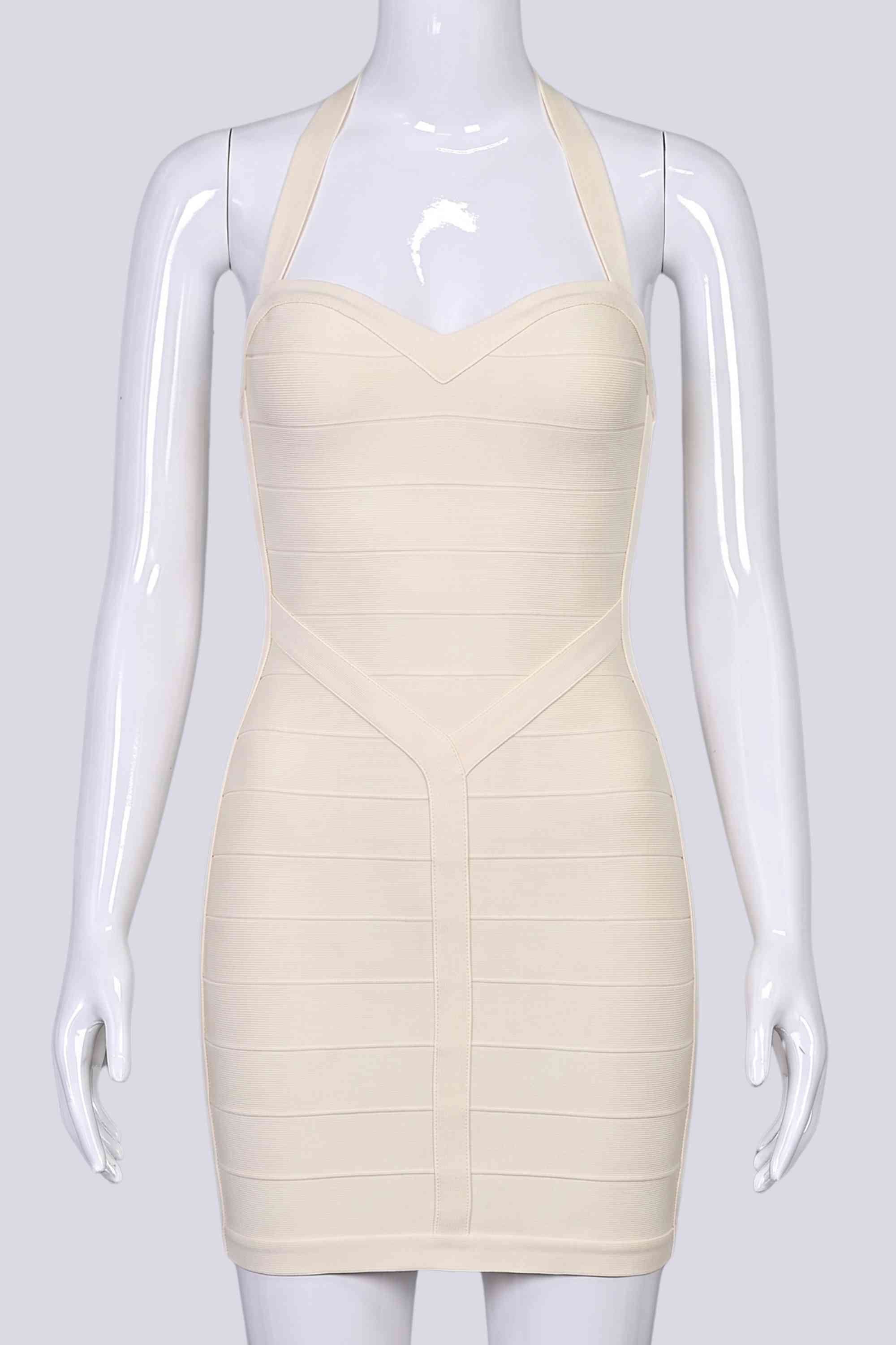 Woman wearing a figure flattering  Athena Bandage Mini Dress - Cream BODYCON COLLECTION Pty Ltd