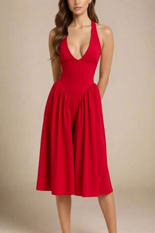 Woman wearing a figure flattering  Austen Bodycon Midi Dress - Chilli Red BODYCON COLLECTION