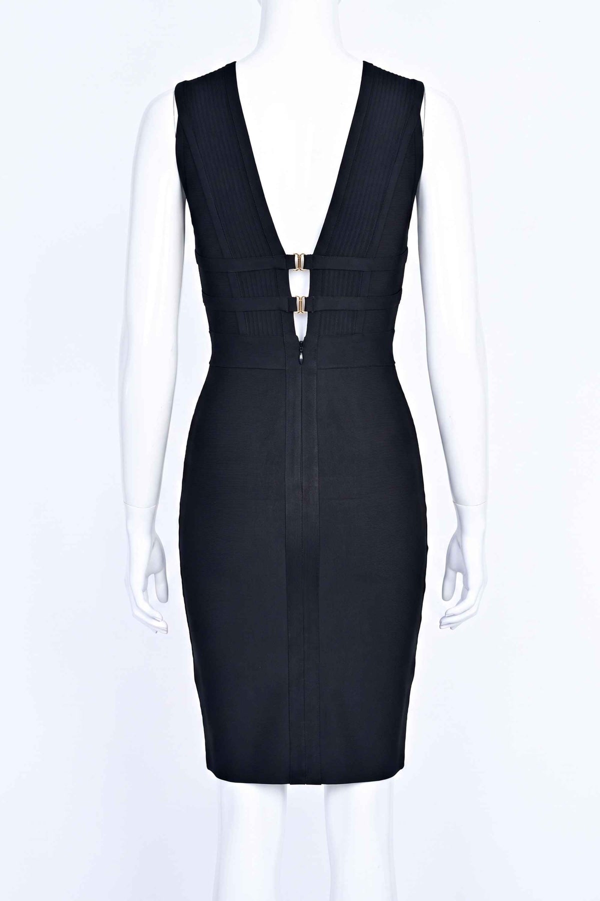 Woman wearing a figure flattering  Bay Bandage Dress - Classic Black Bodycon Collection