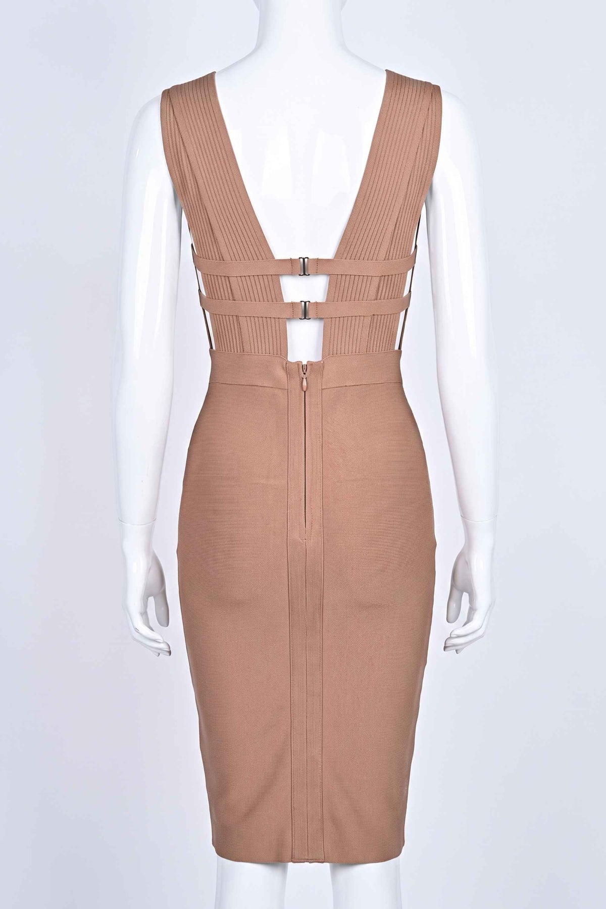 Woman wearing a figure flattering  Bay Bandage Dress - Nude Bodycon Collection