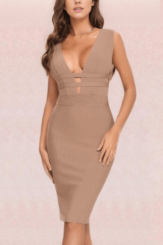 Woman wearing a figure flattering  Bay Bandage Dress - Nude Bodycon Collection