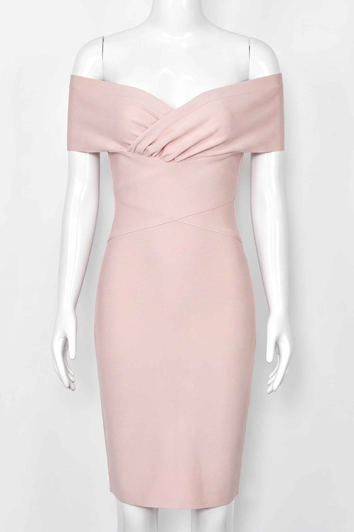 Woman wearing a figure flattering  Bea Bandage Dress - Nude Bodycon Collection