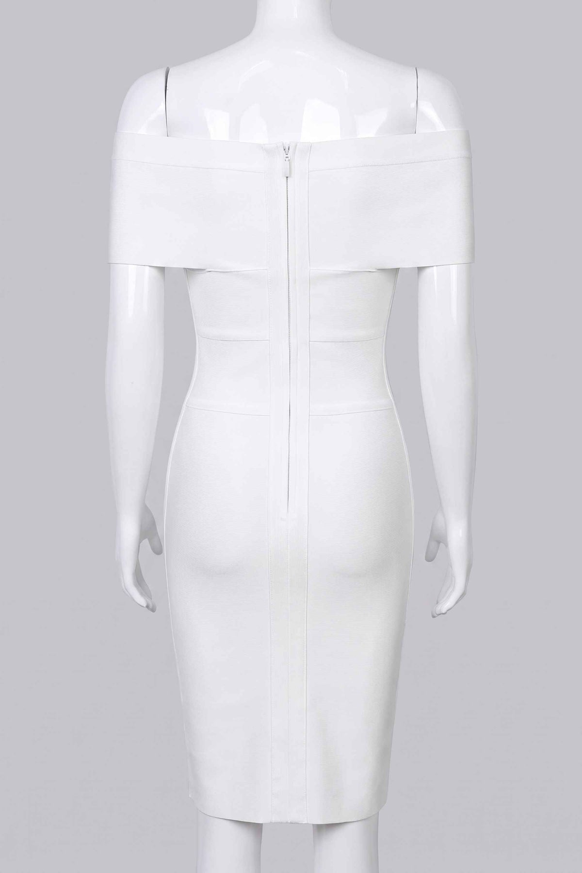 Woman wearing a figure flattering  Bea Bandage Dress - Pearl White Bodycon Collection