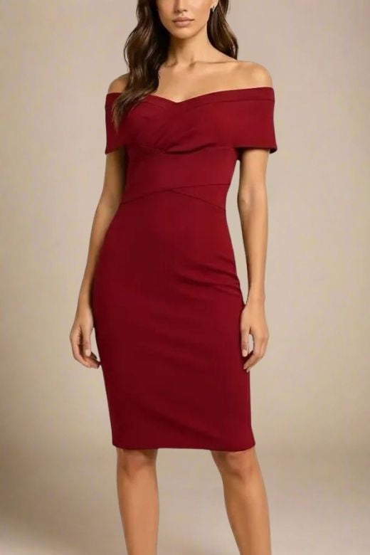 Woman wearing a figure flattering  Bea Bandage Dress - Red Wine Bodycon Collection