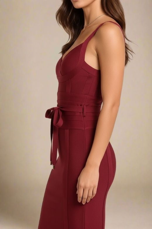 Woman wearing a figure flattering  Bek Bandage Dress - Red Wine Bodycon Collection
