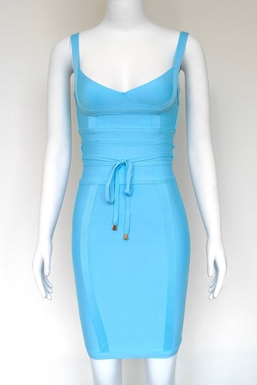 Woman wearing a figure flattering  Bek Bandage Dress - Sky Blue Bodycon Collection
