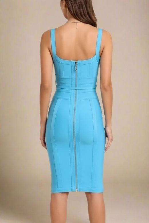 Woman wearing a figure flattering  Bek Bandage Dress - Sky Blue Bodycon Collection