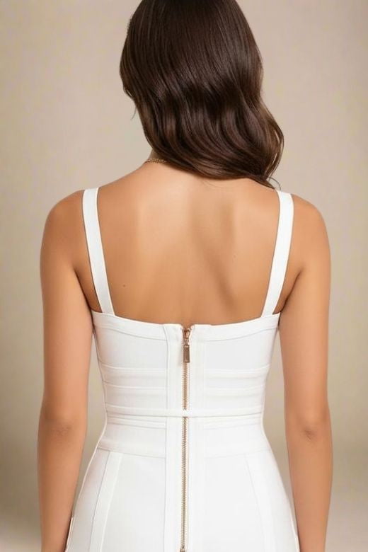 Woman wearing a figure flattering  Bek Bandage Dress - White Pearl Bodycon Collection