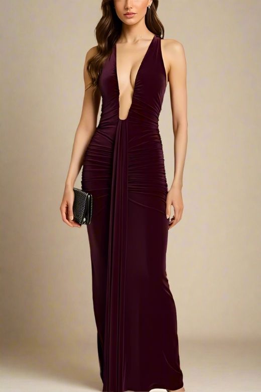 Woman wearing a figure flattering  Bella Bodycon Wrap Maxi Dress - Red Wine BODYCON COLLECTION Pty Ltd