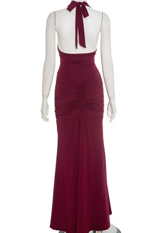 Woman wearing a figure flattering  Bella Bodycon Wrap Maxi Dress - Red Wine BODYCON COLLECTION Pty Ltd