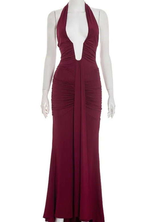 Woman wearing a figure flattering  Bella Bodycon Wrap Maxi Dress - Red Wine BODYCON COLLECTION Pty Ltd