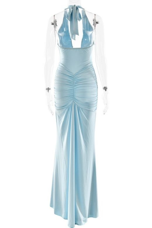 Woman wearing a figure flattering  Bella Bodycon Wrap Maxi Dress - Sky Blue BODYCON COLLECTION Pty Ltd