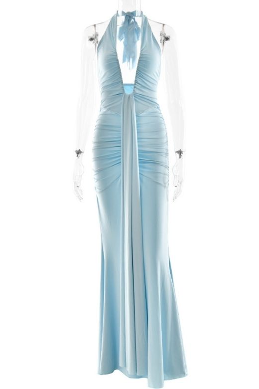 Woman wearing a figure flattering  Bella Bodycon Wrap Maxi Dress - Sky Blue BODYCON COLLECTION Pty Ltd