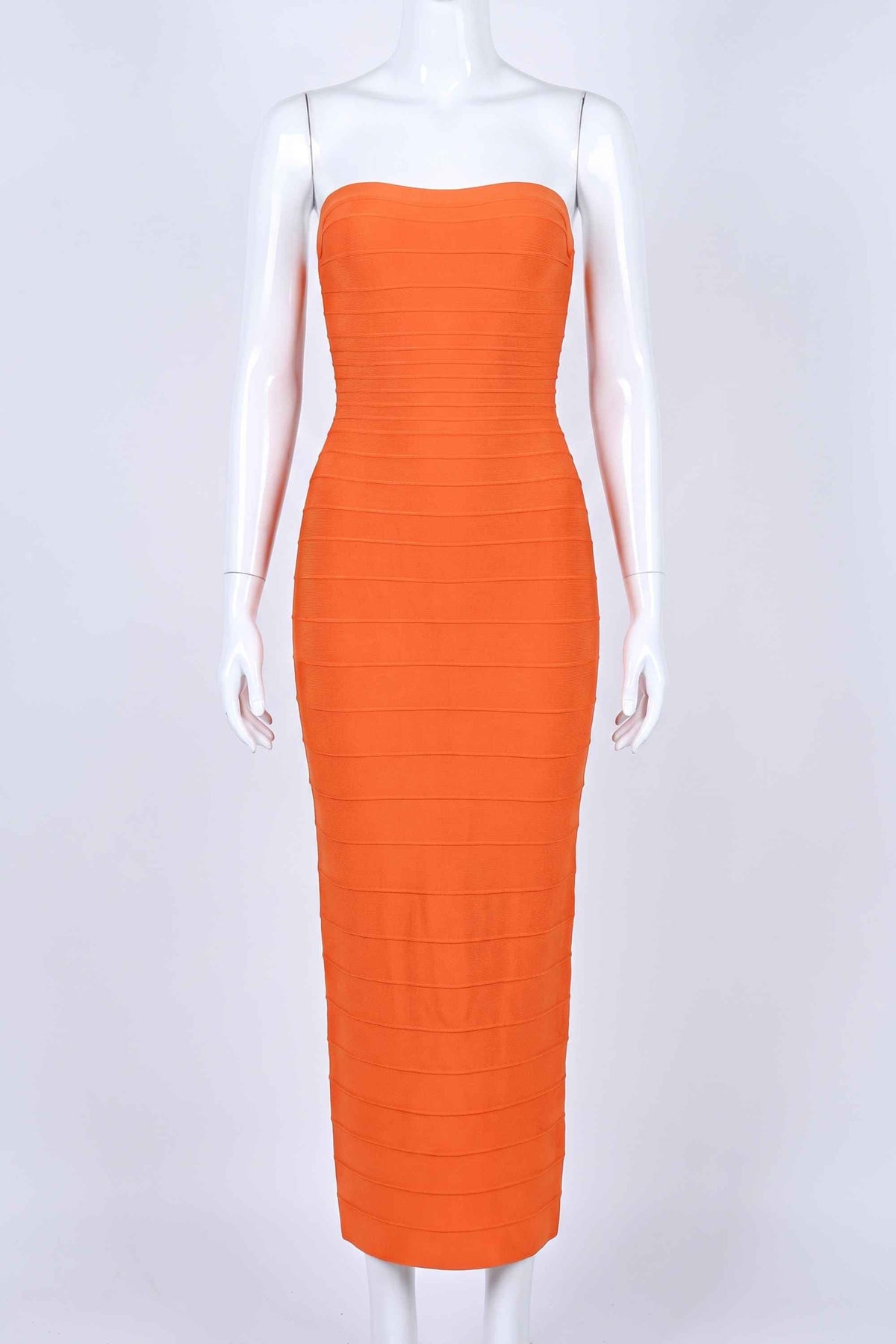Woman wearing a figure flattering  Belle Bandage Maxi Dress - Apricot Orange BODYCON COLLECTION Pty Ltd