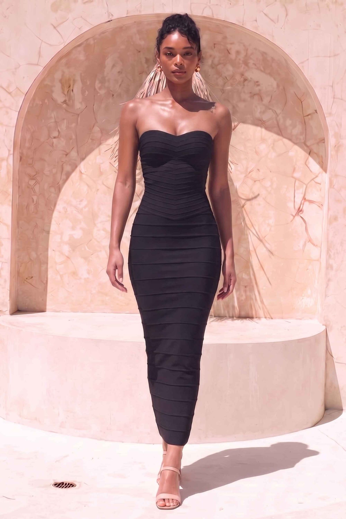 Woman wearing a figure flattering  Belle Bandage Maxi Dress - Classic Black BODYCON COLLECTION Pty Ltd