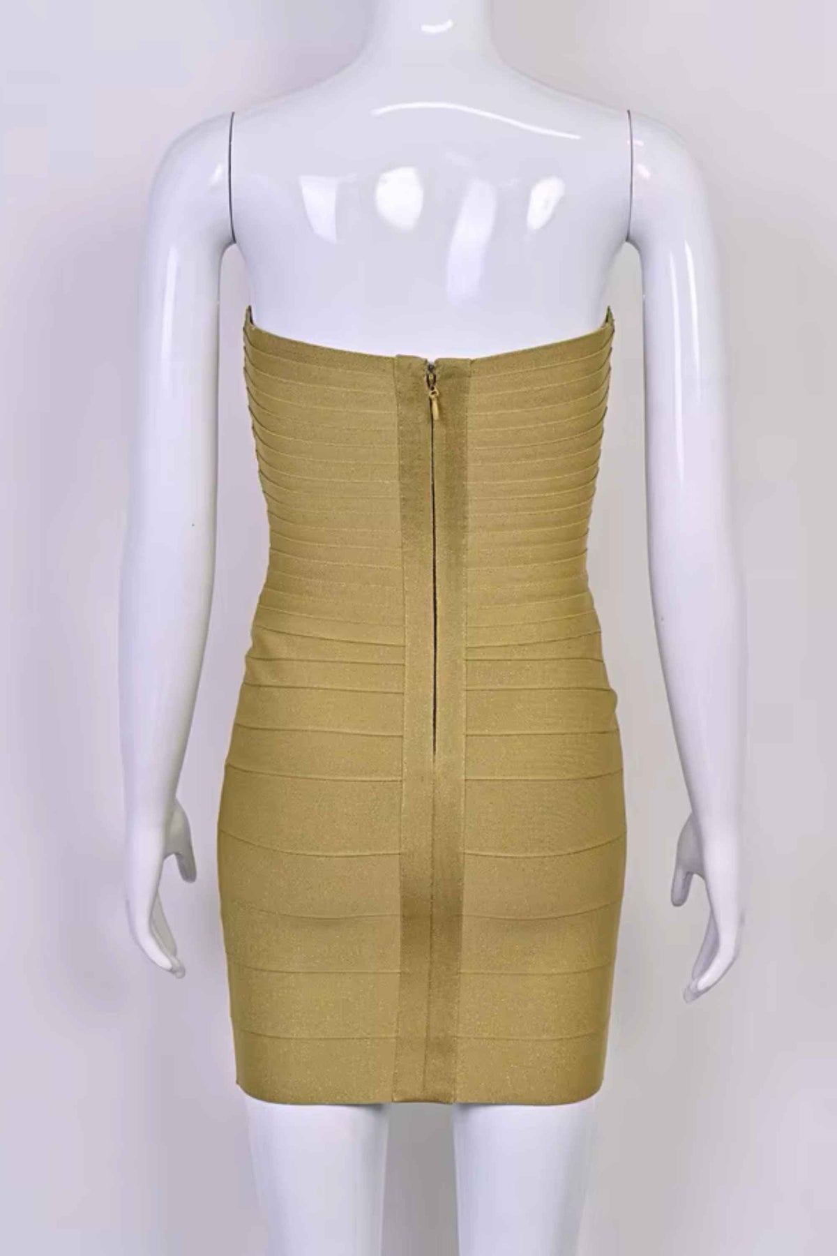 Woman wearing a figure flattering  Belle Bandage Mini Dress - Olive Green BODYCON COLLECTION Pty Ltd
