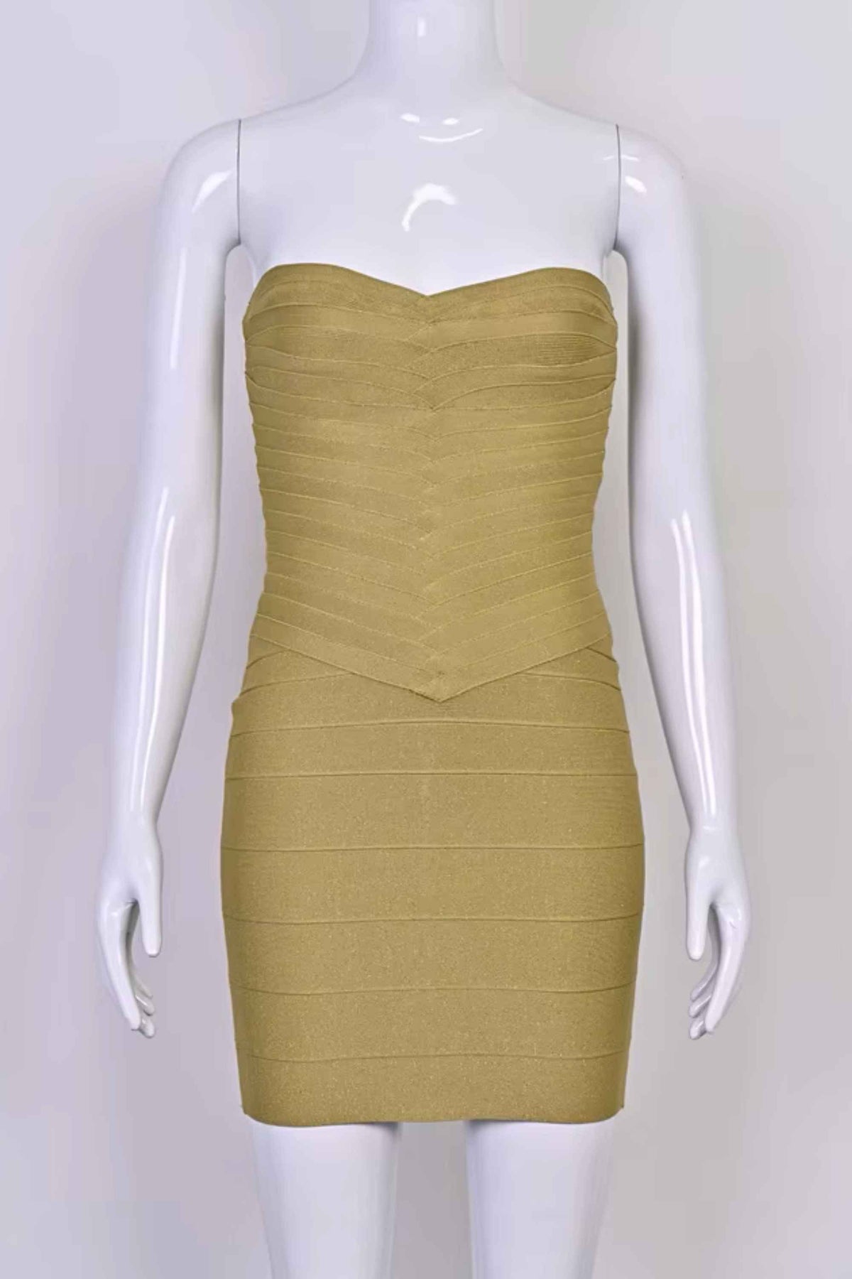 Woman wearing a figure flattering  Belle Bandage Mini Dress - Olive Green BODYCON COLLECTION Pty Ltd