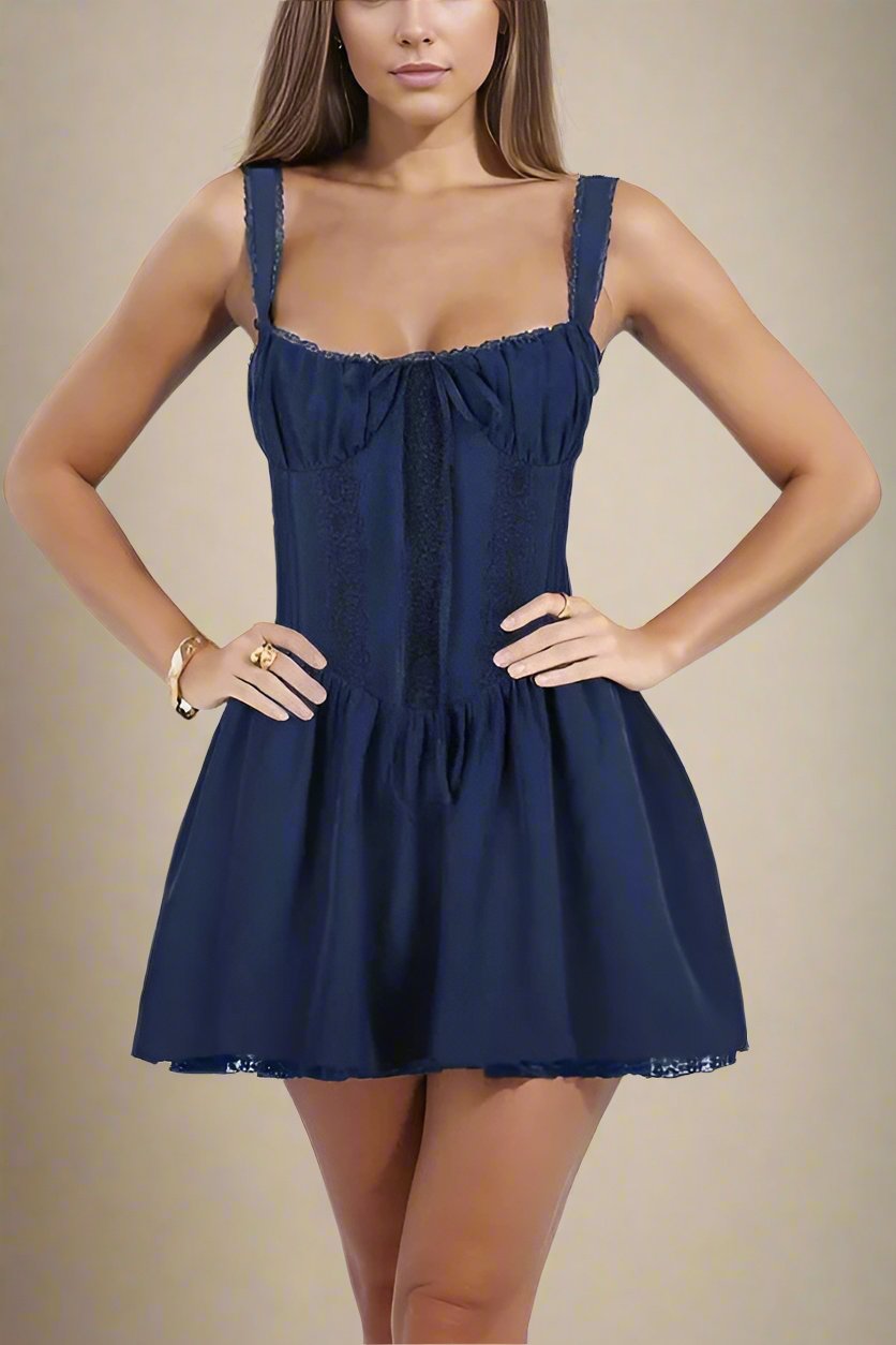 Woman wearing a figure flattering  Belle Bodycon Mini Dress - Navy Blue BODYCON COLLECTION