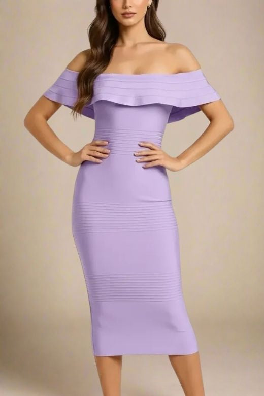 Woman wearing a figure flattering  Billie Bandage Midi Dress - Violet Purple Bodycon Collection
