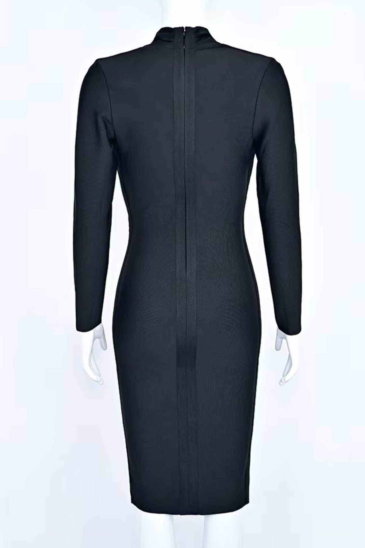 Woman wearing a figure flattering  Blaire Long Sleeve Bandage Dress - Classic Black BODYCON COLLECTION