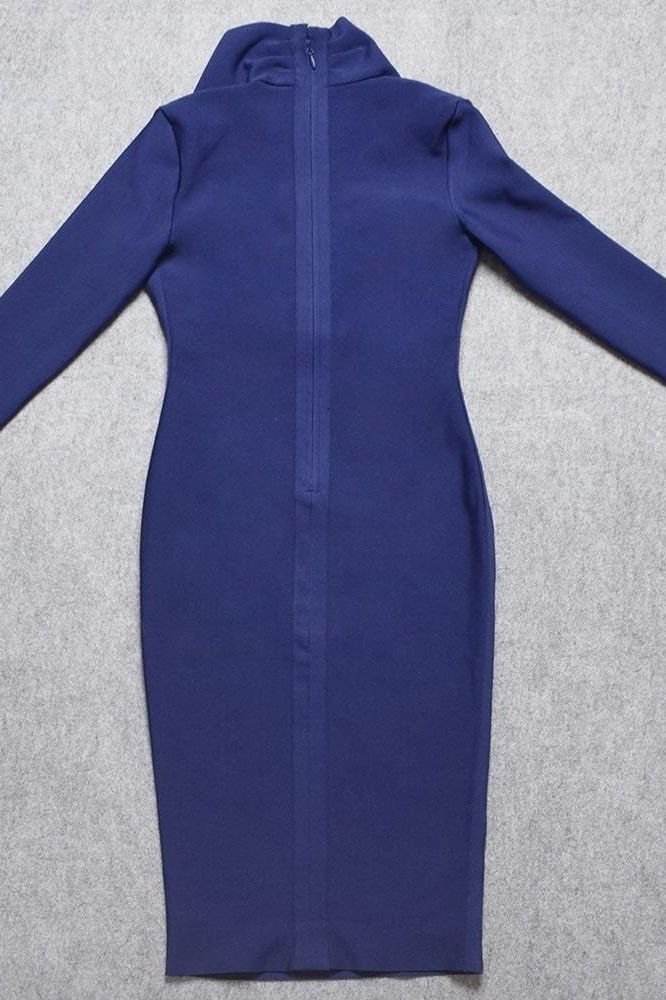 Woman wearing a figure flattering  Blaire Long Sleeve Bandage Dress - Navy Blue BODYCON COLLECTION