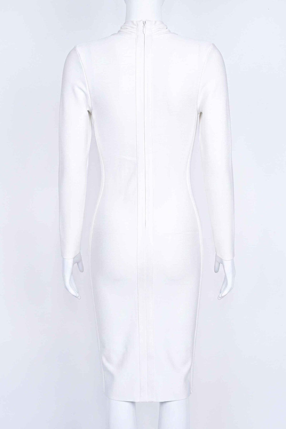 Woman wearing a figure flattering  Blaire Long Sleeve Bandage Dress - Pearl White BODYCON COLLECTION