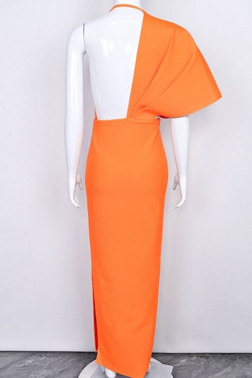 Woman wearing a figure flattering  Blake Bandage Maxi Dress - Apricot Orange BODYCON COLLECTION