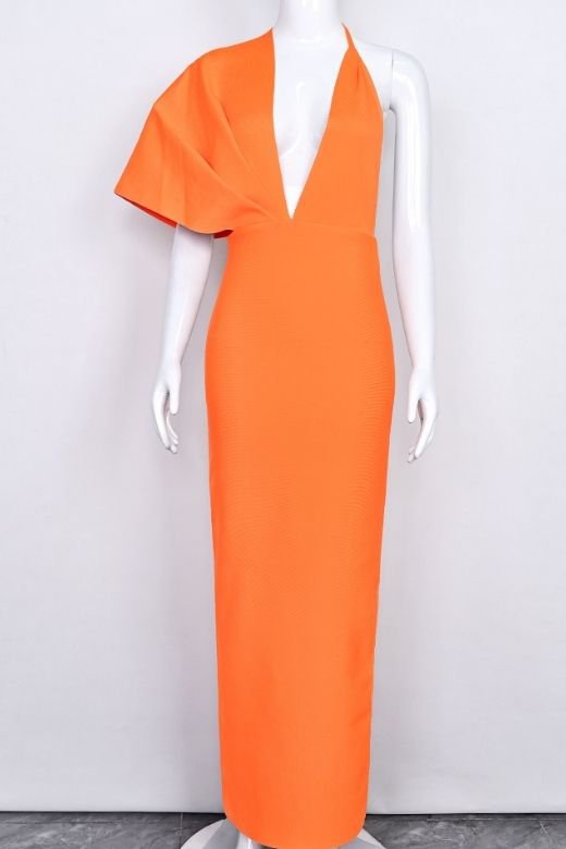 Woman wearing a figure flattering  Blake Bandage Maxi Dress - Apricot Orange BODYCON COLLECTION