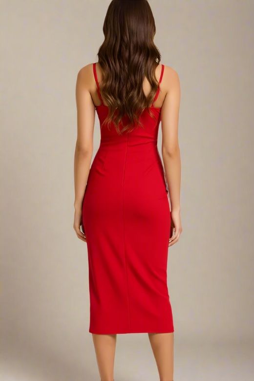 Woman wearing a figure flattering  Blanche Bandage Midi Dress - Lipstick Red BODYCON COLLECTION